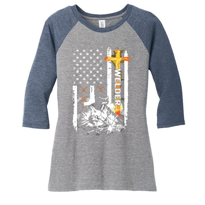 Welder American Flag Welding Fusing Material Funny Technical Women's Tri-Blend 3/4-Sleeve Raglan Shirt