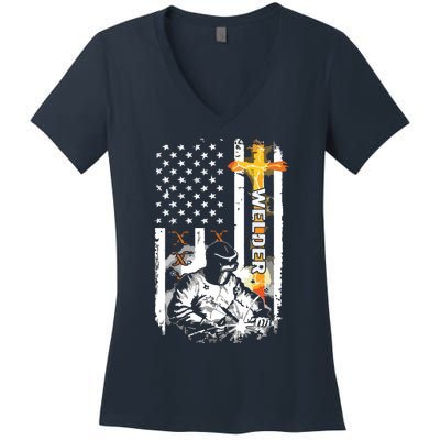 Welder American Flag Welding Fusing Material Funny Technical Women's V-Neck T-Shirt