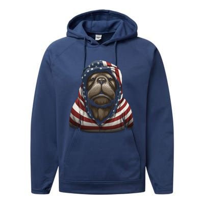 Walrus American Flag USA Tee 4th July Gifts Graphic Tees Performance Fleece Hoodie