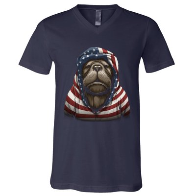 Walrus American Flag USA Tee 4th July Gifts Graphic Tees V-Neck T-Shirt