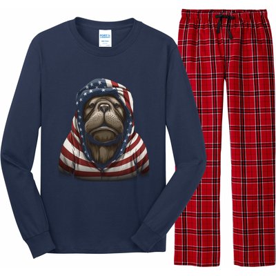 Walrus American Flag USA Tee 4th July Gifts Graphic Tees Long Sleeve Pajama Set