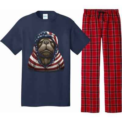 Walrus American Flag USA Tee 4th July Gifts Graphic Tees Pajama Set