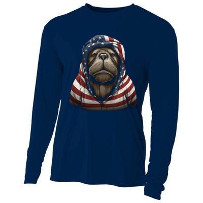 Walrus American Flag USA Tee 4th July Gifts Graphic Tees Cooling Performance Long Sleeve Crew