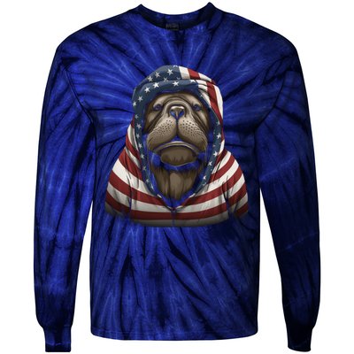 Walrus American Flag USA Tee 4th July Gifts Graphic Tees Tie-Dye Long Sleeve Shirt