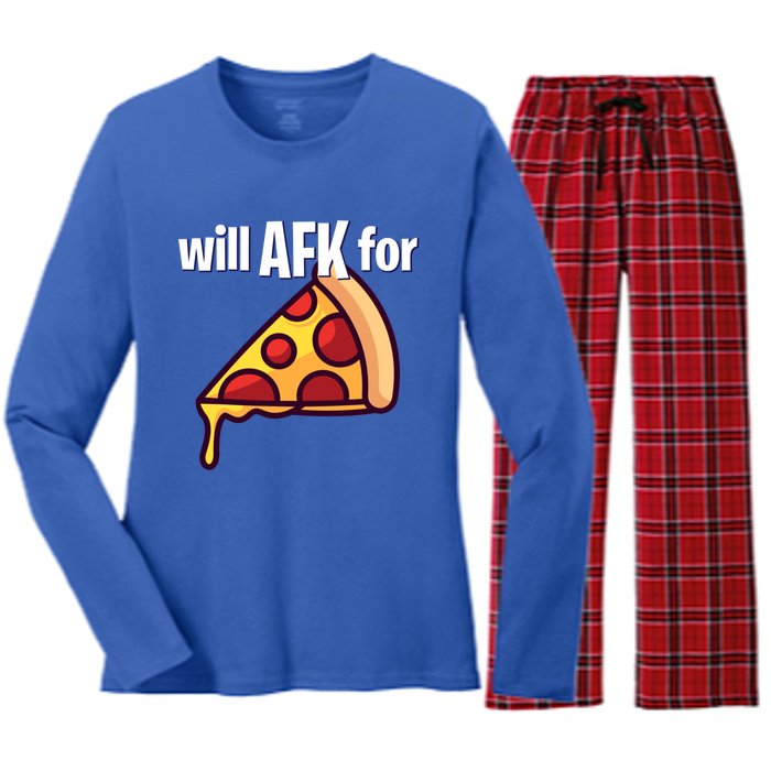 Will Afk For Pizza Funny Gamer Gift Women's Long Sleeve Flannel Pajama Set 