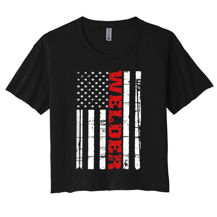 Welder American Flag USA Patriotic Weld Pipefitter Women's Crop Top Tee