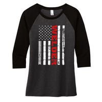 Welder American Flag USA Patriotic Weld Pipefitter Women's Tri-Blend 3/4-Sleeve Raglan Shirt