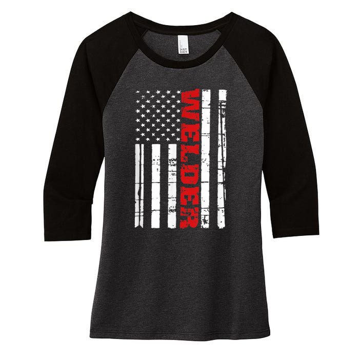 Welder American Flag USA Patriotic Weld Pipefitter Women's Tri-Blend 3/4-Sleeve Raglan Shirt