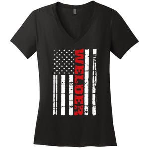 Welder American Flag USA Patriotic Weld Pipefitter Women's V-Neck T-Shirt