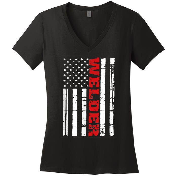 Welder American Flag USA Patriotic Weld Pipefitter Women's V-Neck T-Shirt