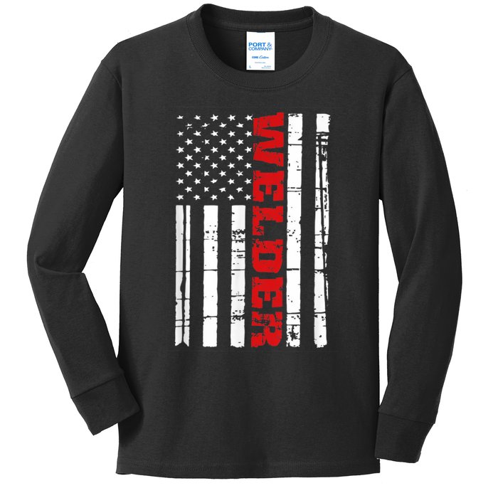 Welder American Flag USA Patriotic Weld Pipefitter Kids Long Sleeve Shirt