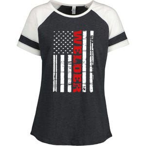 Welder American Flag USA Patriotic Weld Pipefitter Enza Ladies Jersey Colorblock Tee