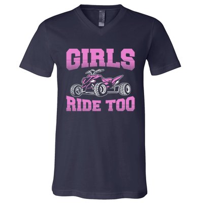 Wo ATV Funny Four Wheeler Quad Bike Girls Ride Too Quad Biker V-Neck T-Shirt