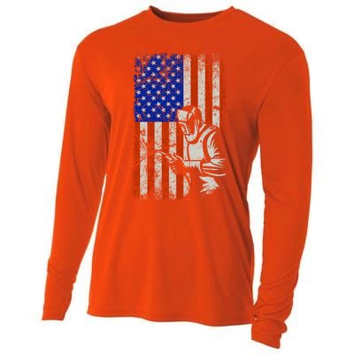 Welding American Flag Welder Fathers Day 4th Of July Dad Gift Cooling Performance Long Sleeve Crew