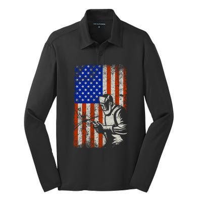 Welding American Flag Welder Fathers Day 4th Of July Dad Gift Silk Touch Performance Long Sleeve Polo