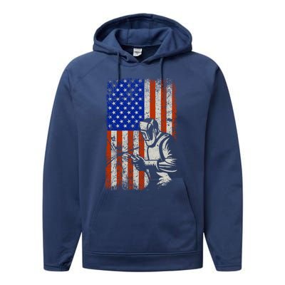 Welding American Flag Welder Fathers Day 4th Of July Dad Gift Performance Fleece Hoodie