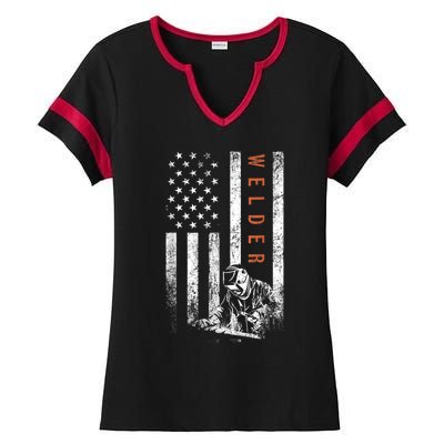 Welder American Flag Design Welding Ladies Halftime Notch Neck Tee