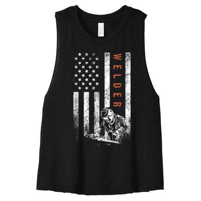 Welder American Flag Design Welding Women's Racerback Cropped Tank