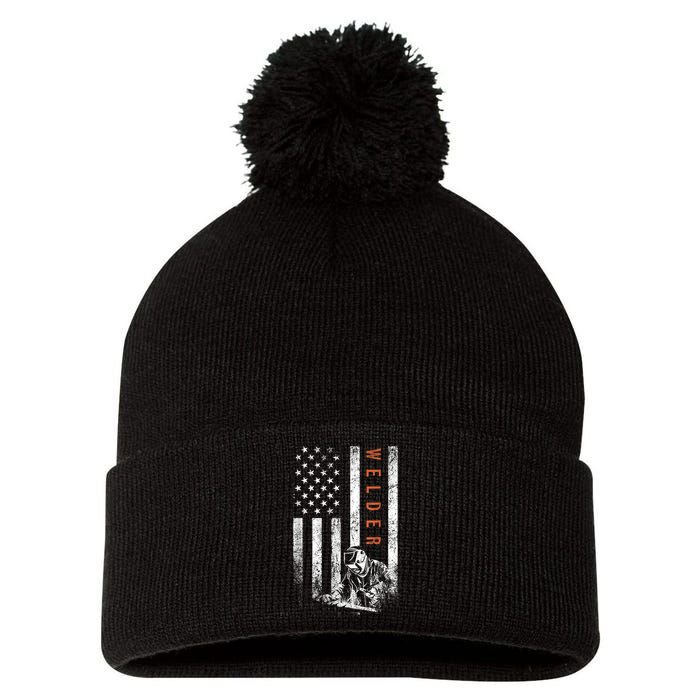 Welder American Flag Design Welding Pom Pom 12in Knit Beanie