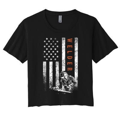 Welder American Flag Design Welding Women's Crop Top Tee