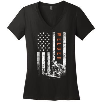 Welder American Flag Design Welding Women's V-Neck T-Shirt