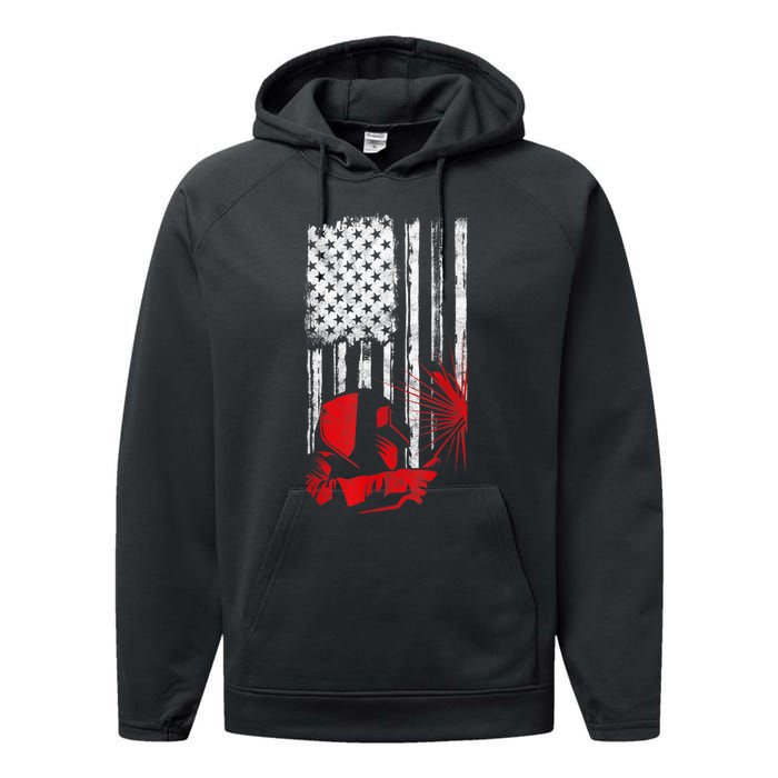 Welder American Flag Welding Gift Usa Distressed Helmet Performance Fleece Hoodie