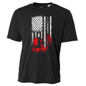 Welder American Flag Welding Gift Usa Distressed Helmet Cooling Performance Crew T-Shirt