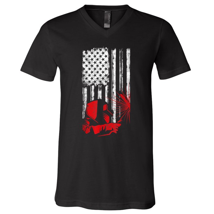 Welder American Flag Welding Gift Usa Distressed Helmet V-Neck T-Shirt