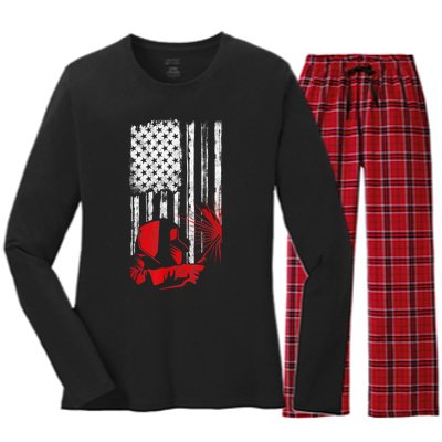 Welder American Flag Welding Gift Usa Distressed Helmet Women's Long Sleeve Flannel Pajama Set 