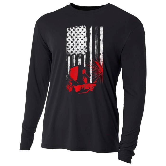 Welder American Flag Welding Gift Usa Distressed Helmet Cooling Performance Long Sleeve Crew