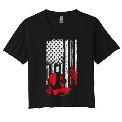 Welder American Flag Welding Gift Usa Distressed Helmet Women's Crop Top Tee