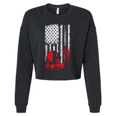 Welder American Flag Welding Gift Usa Distressed Helmet Cropped Pullover Crew