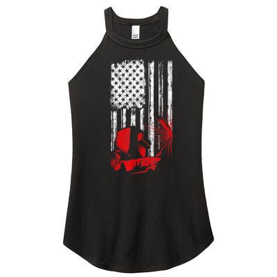 Welder American Flag Welding Gift Usa Distressed Helmet Women’s Perfect Tri Rocker Tank