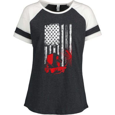 Welder American Flag Welding Gift Usa Distressed Helmet Enza Ladies Jersey Colorblock Tee