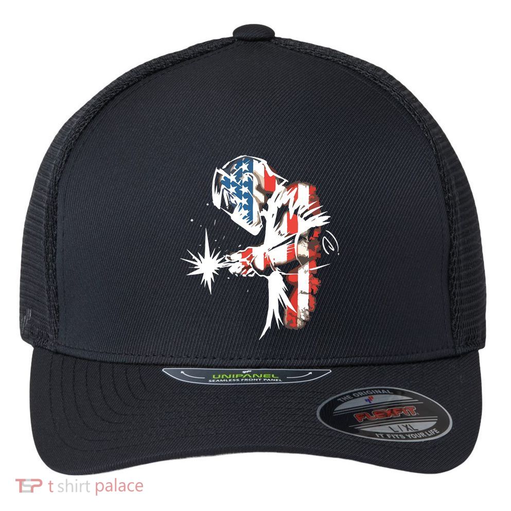 Welder American Flag USA Patriotic Welder Flexfit Unipanel Trucker Cap