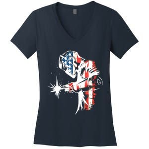 Welder American Flag USA Patriotic Welder Women's V-Neck T-Shirt