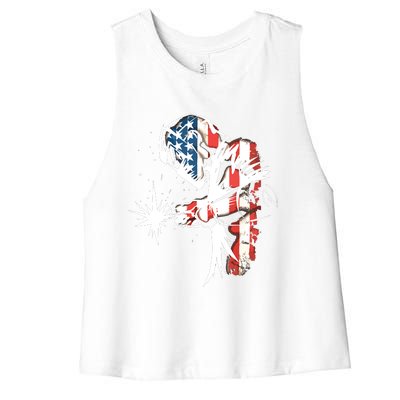 Welder American Flag USA Patriotic Welder Women's Racerback Cropped Tank