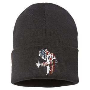 Welder American Flag USA Patriotic Welder Sustainable Knit Beanie