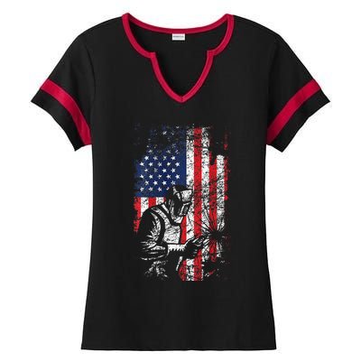 Welding American Flag Welder Fathers Day Design On Back Ladies Halftime Notch Neck Tee