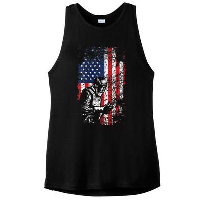 Welding American Flag Welder Fathers Day Design On Back Ladies PosiCharge Tri-Blend Wicking Tank