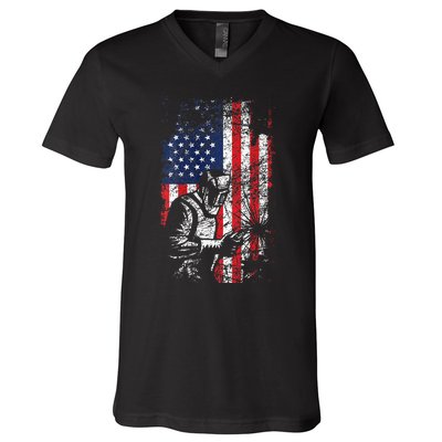 Welding American Flag Welder Fathers Day Design On Back V-Neck T-Shirt