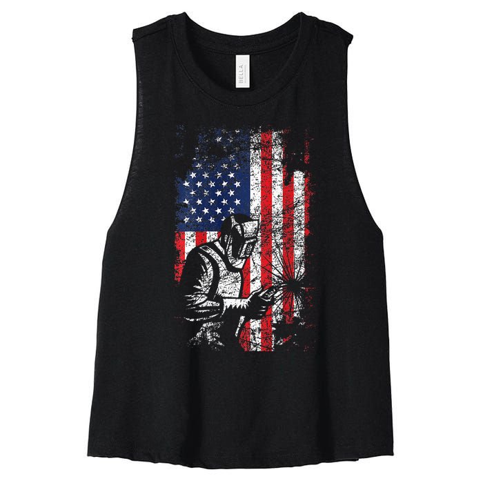 Welding American Flag Welder Fathers Day Design On Back Women's Racerback Cropped Tank