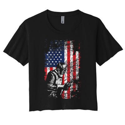 Welding American Flag Welder Fathers Day Design On Back Women's Crop Top Tee