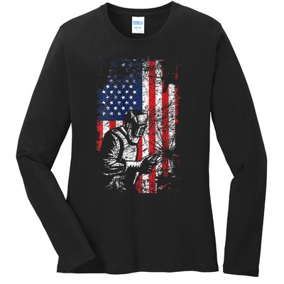 Welding American Flag Welder Fathers Day Design On Back Ladies Long Sleeve Shirt