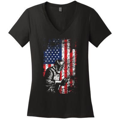 Welding American Flag Welder Fathers Day Design On Back Women's V-Neck T-Shirt