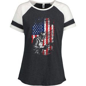 Welding American Flag Welder Fathers Day Design On Back Enza Ladies Jersey Colorblock Tee