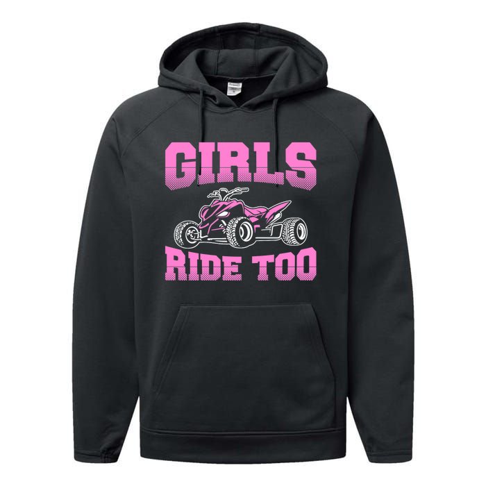 Wo ATV Funny Four Wheeler Quad Bike Girls Ride Too Quad Biker Performance Fleece Hoodie