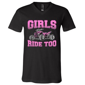 Wo ATV Funny Four Wheeler Quad Bike Girls Ride Too Quad Biker V-Neck T-Shirt