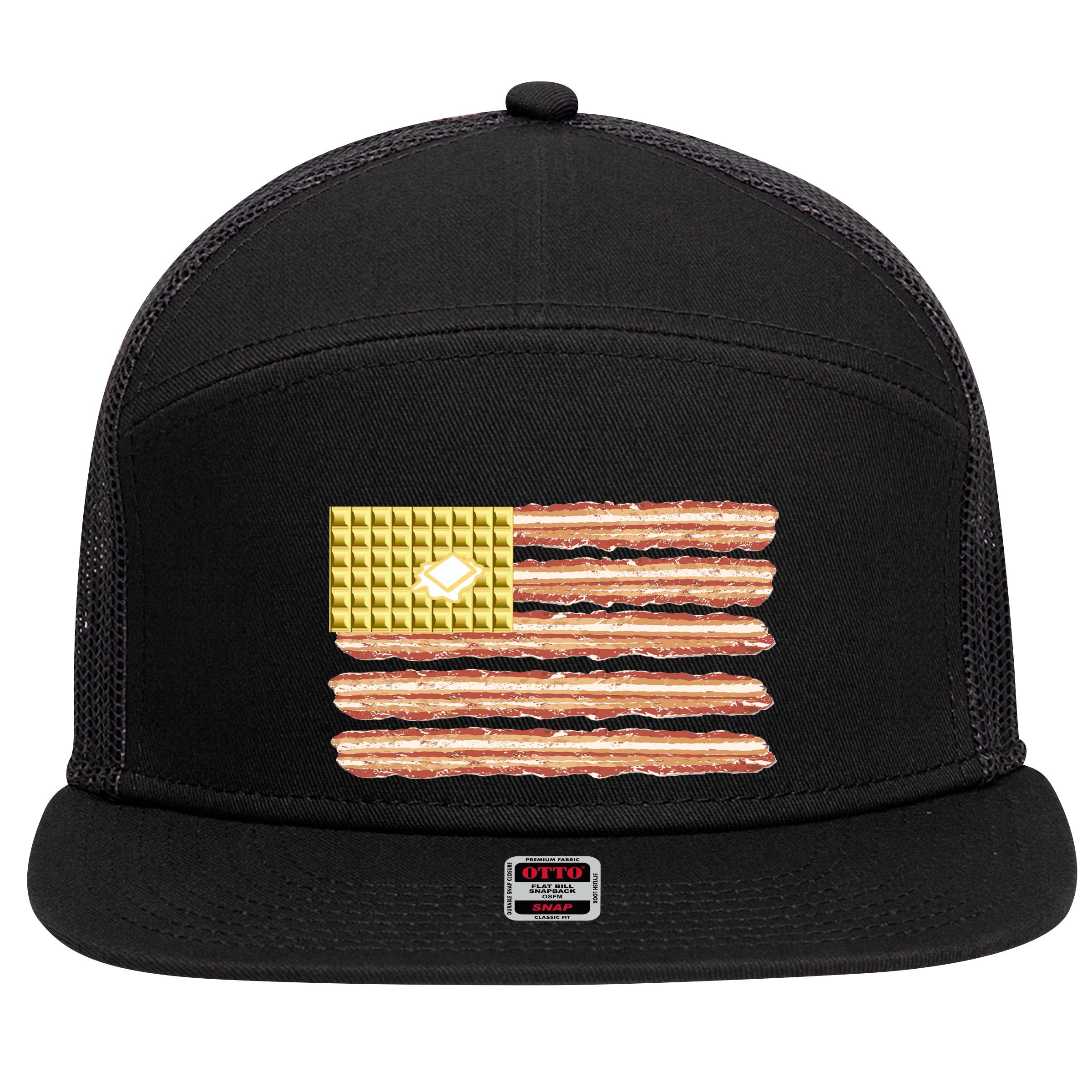 Waffle Bacon USA Flag 7 Panel Mesh Trucker Snapback Hat