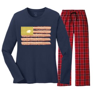 Waffle Bacon USA Flag Women's Long Sleeve Flannel Pajama Set 